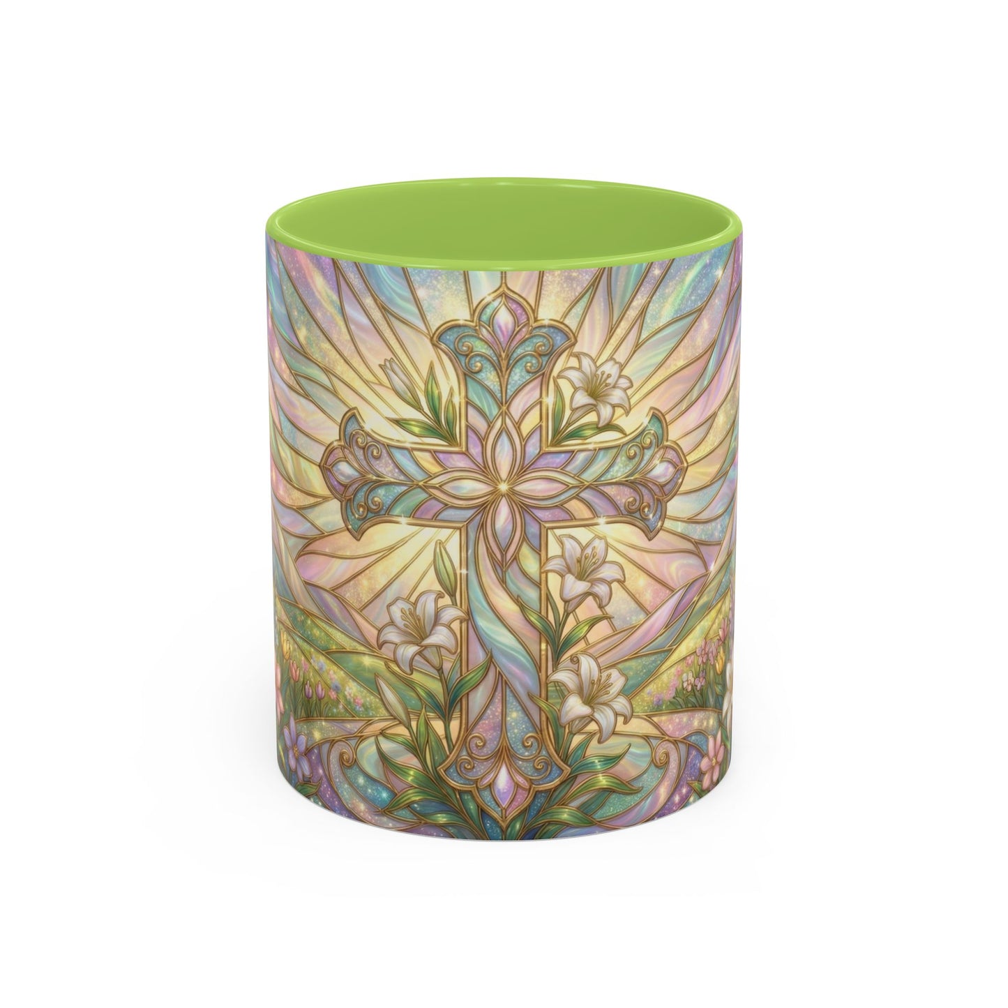 Stained Glass Cross Mug, Easter Lily Coffee Cup, Christian Religious Gift, Pastel Floral Faith Mug, Spring Believer Cup, Baptism Present