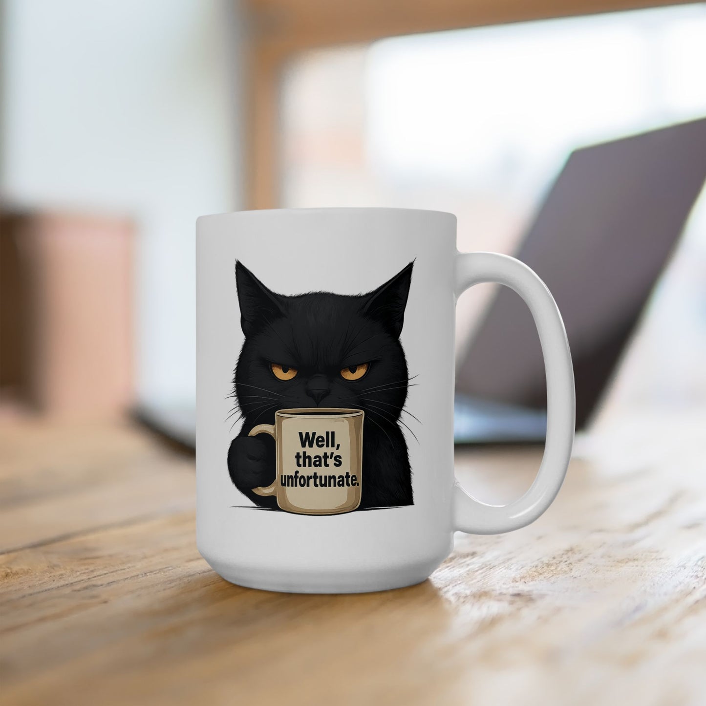 Sarcastic Black Cat Coffee Mug 11 oz or 15oz - “Well, thats unfortunate.” Funny Grumpy Cat Meme Gift, Office Humor, Tea Cup, Sarcasm Lover