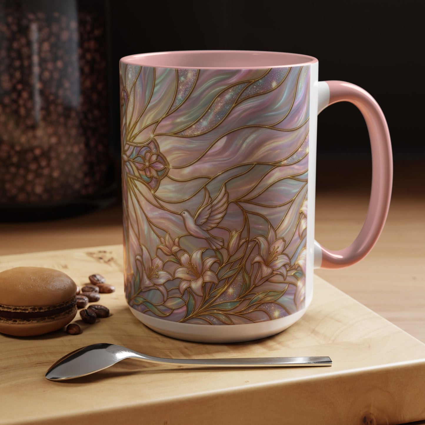 Stained Glass Cross Mug, Easter Lily Coffee Cup, Christian Gift for Women, Pastel Religious Drinkware, Dove and Faith Cup, Spiritual