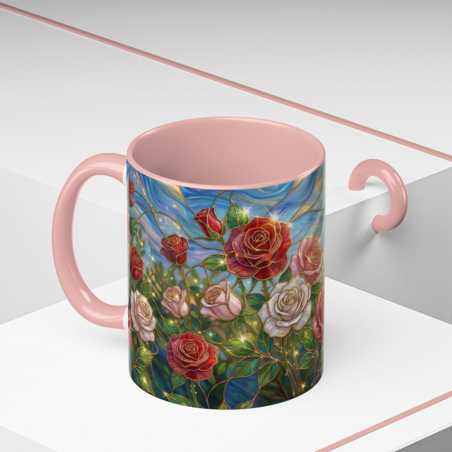 Stained Glass Rose Garden Mug, Floral Rose Coffee Cup, Elegant Flower Mug, Blue Green Gold Glass Style Design, Romantic Gift For Her