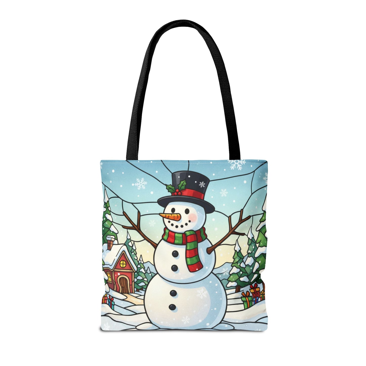 Stained Glass Snowman Christmas Tote Bag, Holiday Art Tote, Festive Winter Gift Bag, Colorful Christmas Scene Reusable Shopping Bag