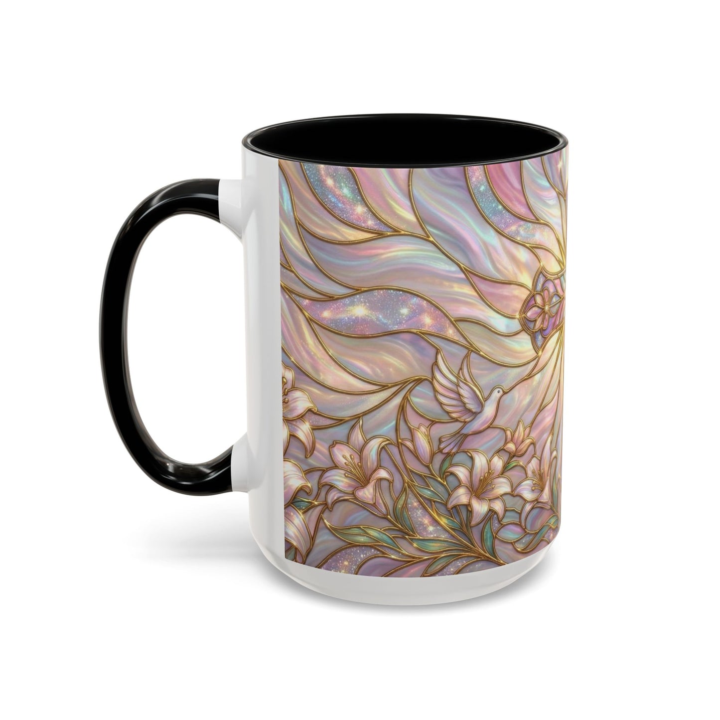Stained Glass Cross Mug, Easter Lily Coffee Cup, Christian Gift for Women, Pastel Religious Drinkware, Dove and Faith Cup, Spiritual