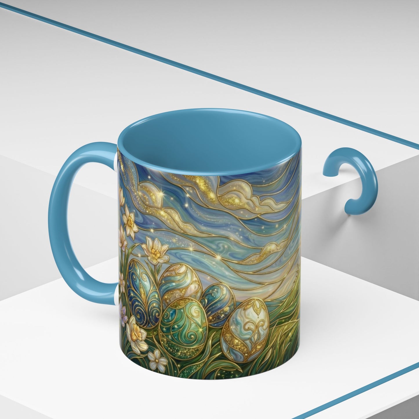 Stained Glass Easter Egg Mug, Magical Spring Floral Coffee Cup, Art Nouveau Fantasy Teacup, Elegant Celestial Starry Sky Mug Gift Idea