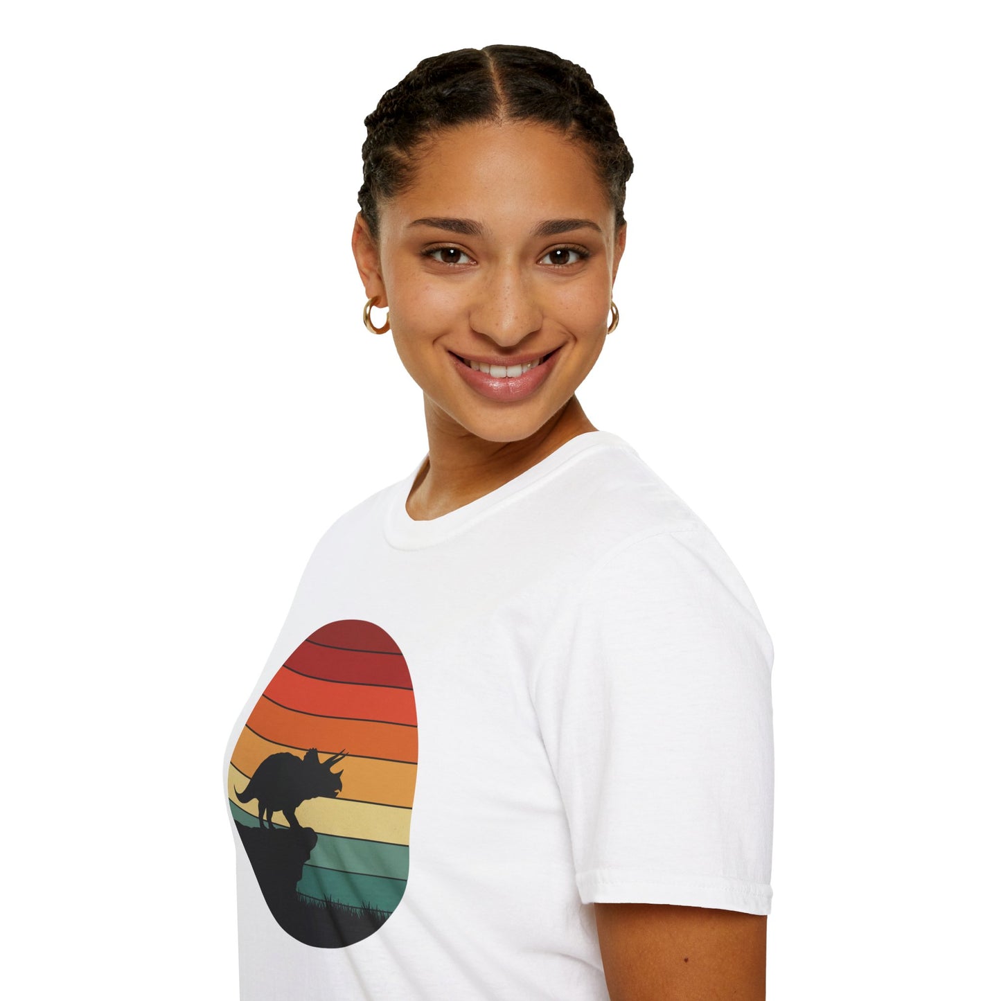 Retro Triceratops Sunset T-Shirt - Vintage Dino Graphic Tee - Unisex Softstyle Dinosaur Shirt - Nature and Prehistoric Lover Gift