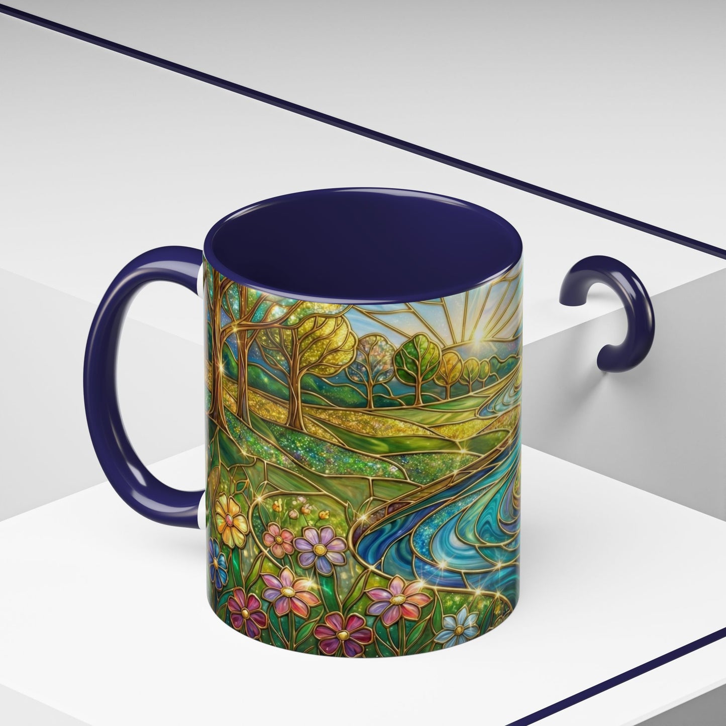 Stained Glass Mug, River Landscape Coffee Cup, Nature Lover Gift, Floral Tea Mug, Gardener Present, Art Teacher Gift, Colorful Scenery Cup