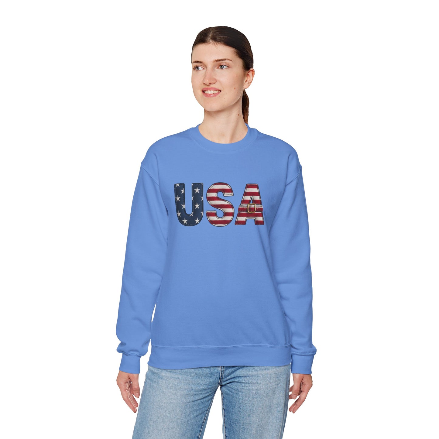 Faux Patchwork USA Sweatshirt, Patriotic Quilt Style Top, Rustic Americana Crewneck, 4th of July Shirt, Country USA Sweater, Vintage Flag Top