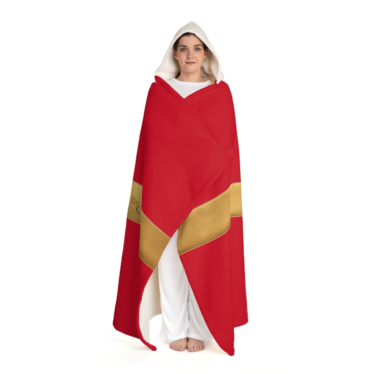Personalized Red Hooded Sherpa Blanket with Gold Gift Bow - Custom Name Christmas Wrap Blanket, Cozy Holiday Gift for Her, Him, Kids