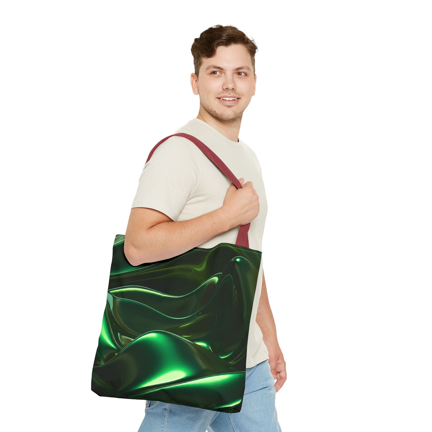Futuristic Green Tote Bag - Abstract Metallic Wave Art Tote - Glossy Cyber Aesthetic Bag, Techwear Vibes, Edgy Gamer Gift, Trendy Street Style