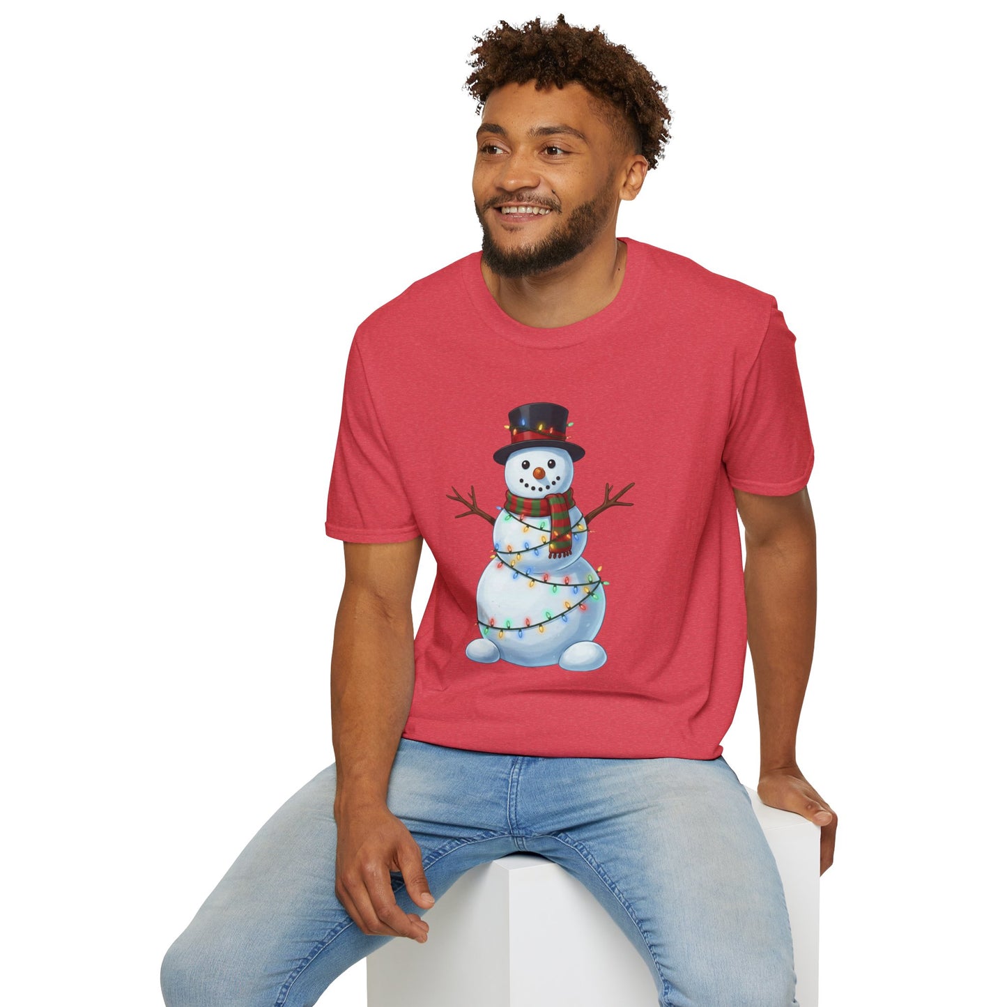Cute Snowman Christmas Shirt, Snowman Wrapped in Christmas Lights Tee, Holiday Winter Snowman Top Hat Shirt, Funny Cozy Christmas T Shirt