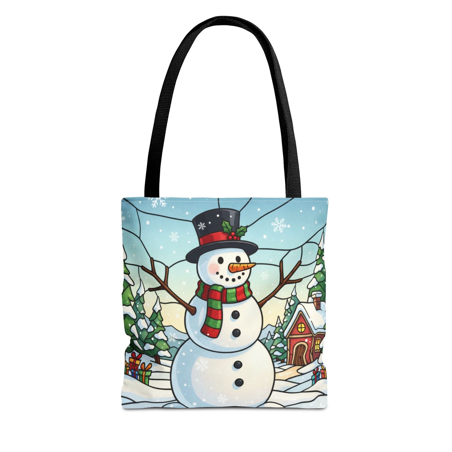 Stained Glass Snowman Christmas Tote Bag, Holiday Art Tote, Festive Winter Gift Bag, Colorful Christmas Scene Reusable Shopping Bag