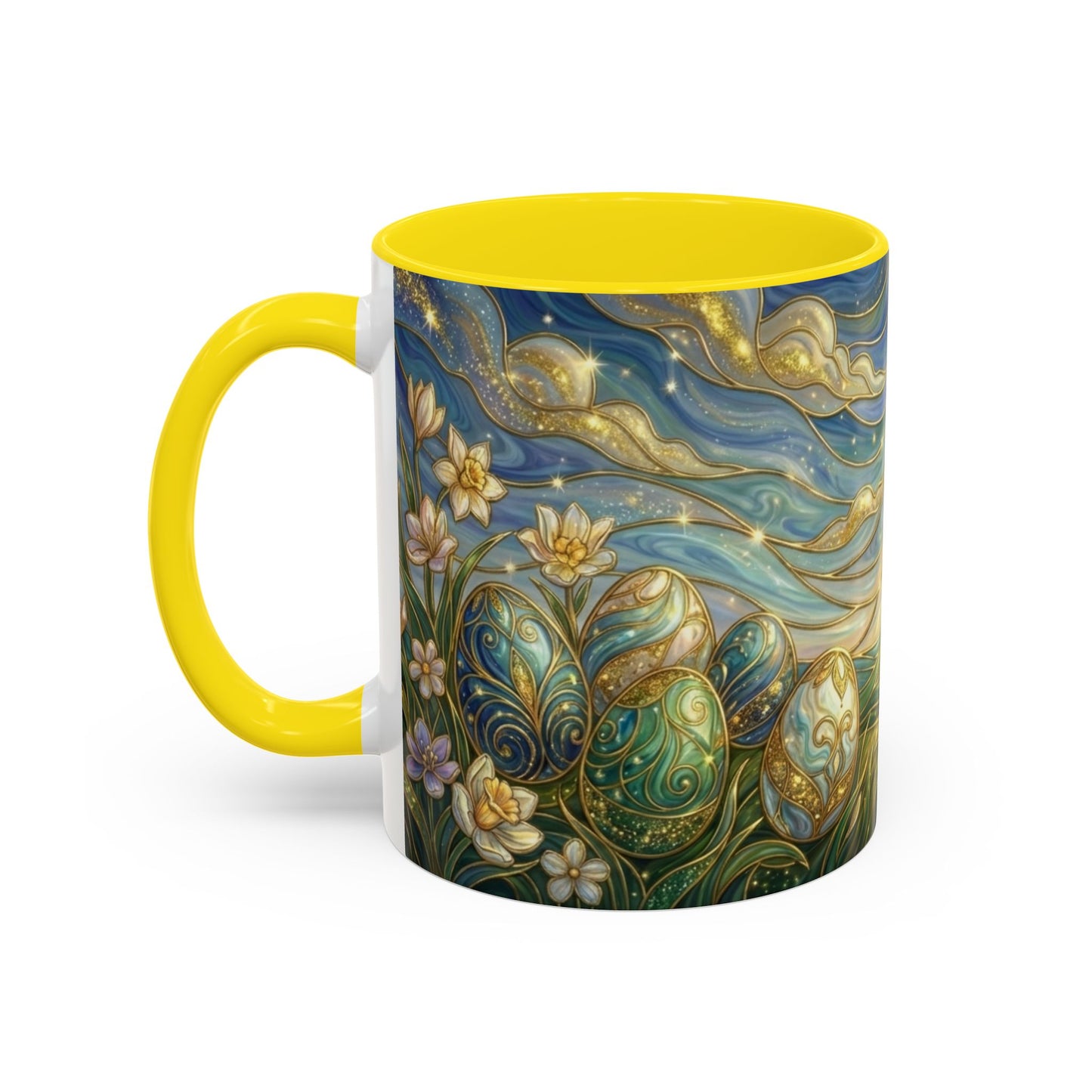Stained Glass Easter Egg Mug, Magical Spring Floral Coffee Cup, Art Nouveau Fantasy Teacup, Elegant Celestial Starry Sky Mug Gift Idea