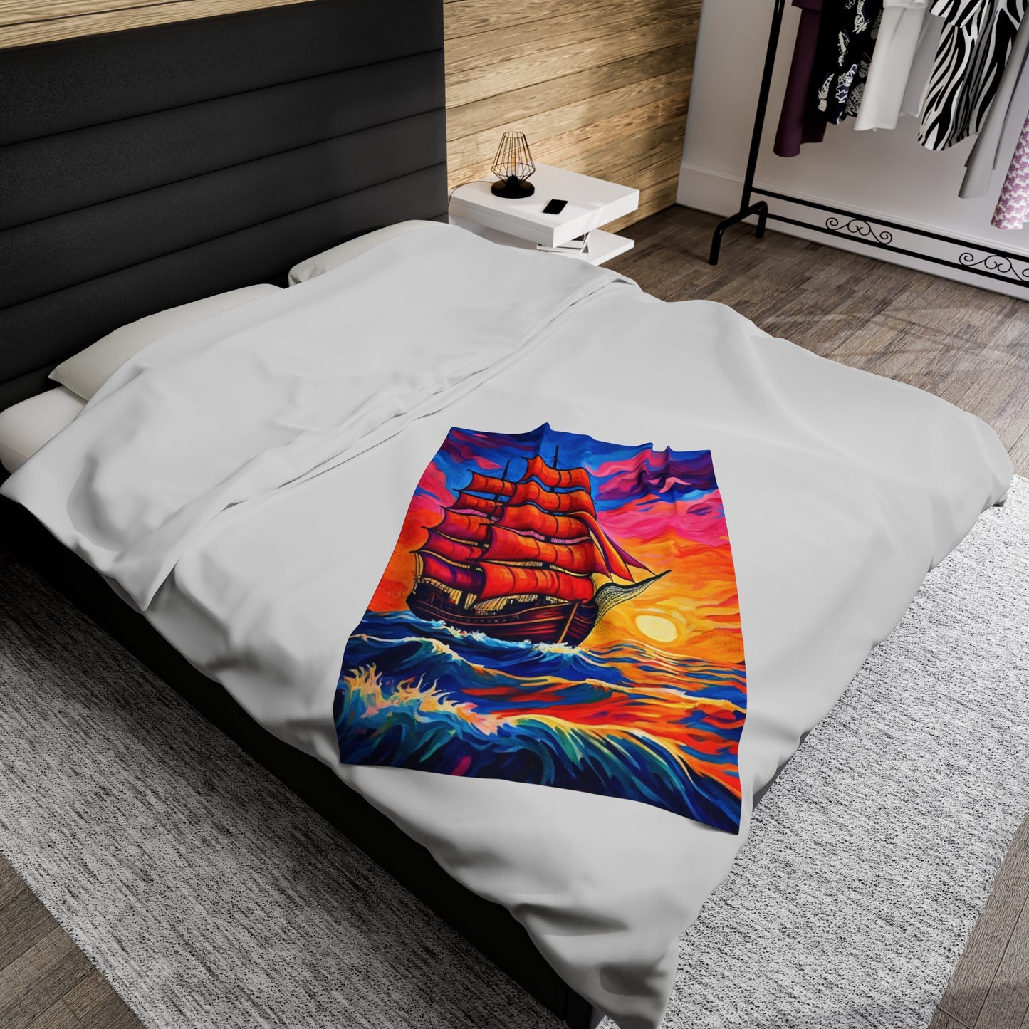 Plush Blanket - Sunset Ship Painting Design