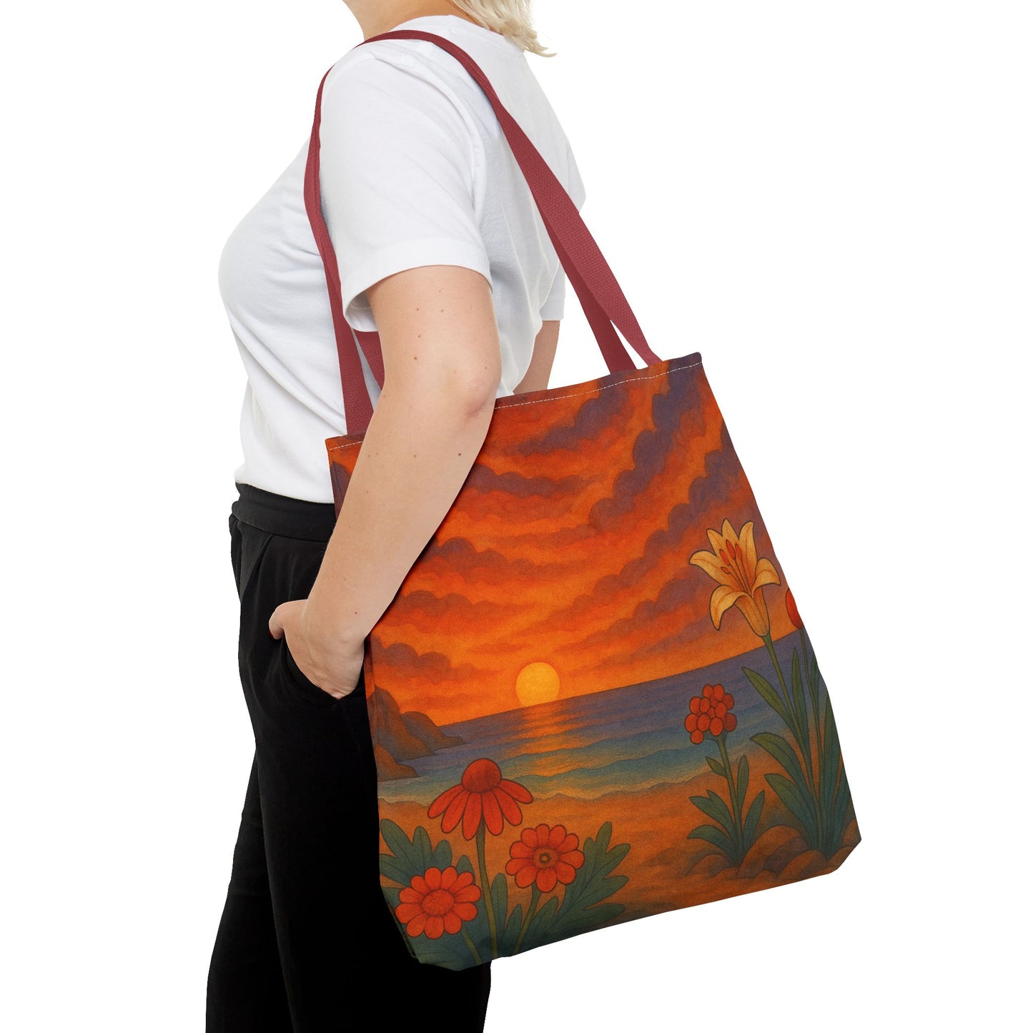 Retro Sunset Tote Bag with Wildflowers – Vibrant Floral Landscape Art, Nature-Inspired Reusable Bag, 70s Style Summer Accessory