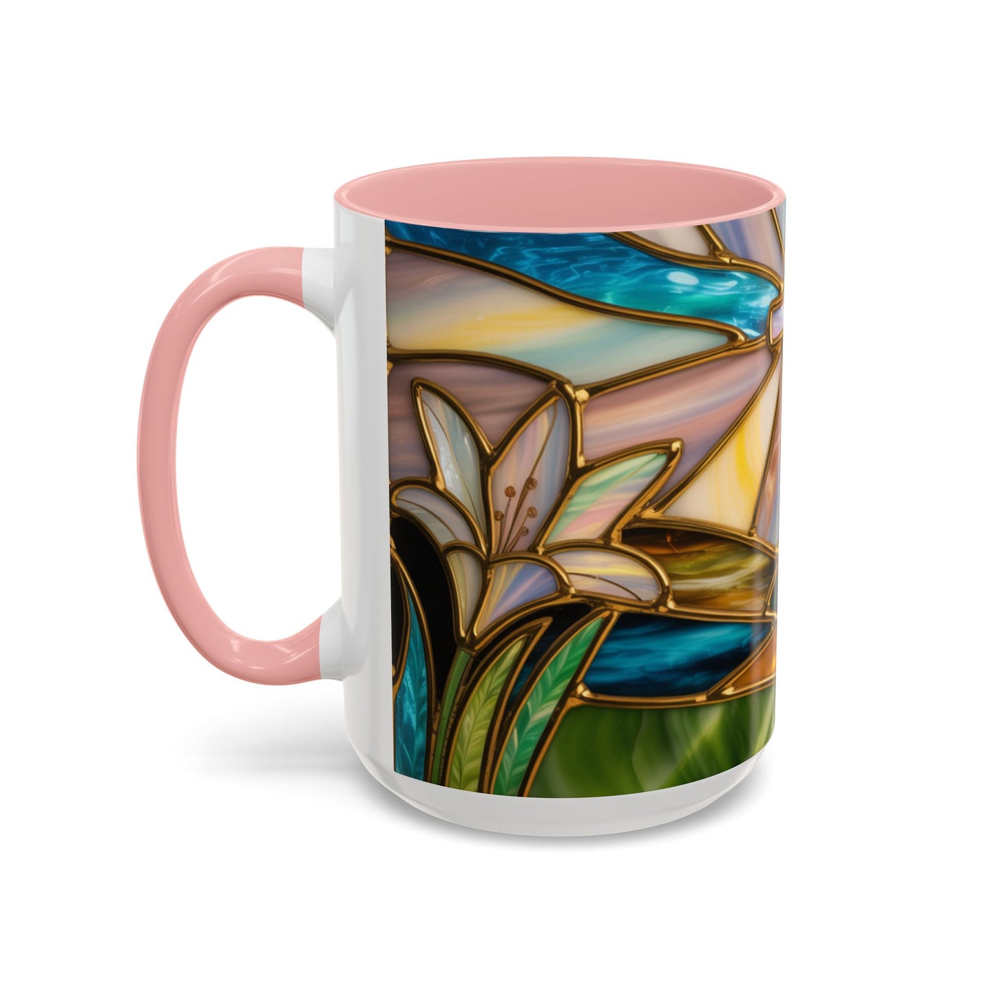 Stained Glass Cross Mug, Christian Sunrise Coffee Cup, Religious Floral Art Mug, Inspirational Faith Gift For Women, Colorful Stained Glass Design