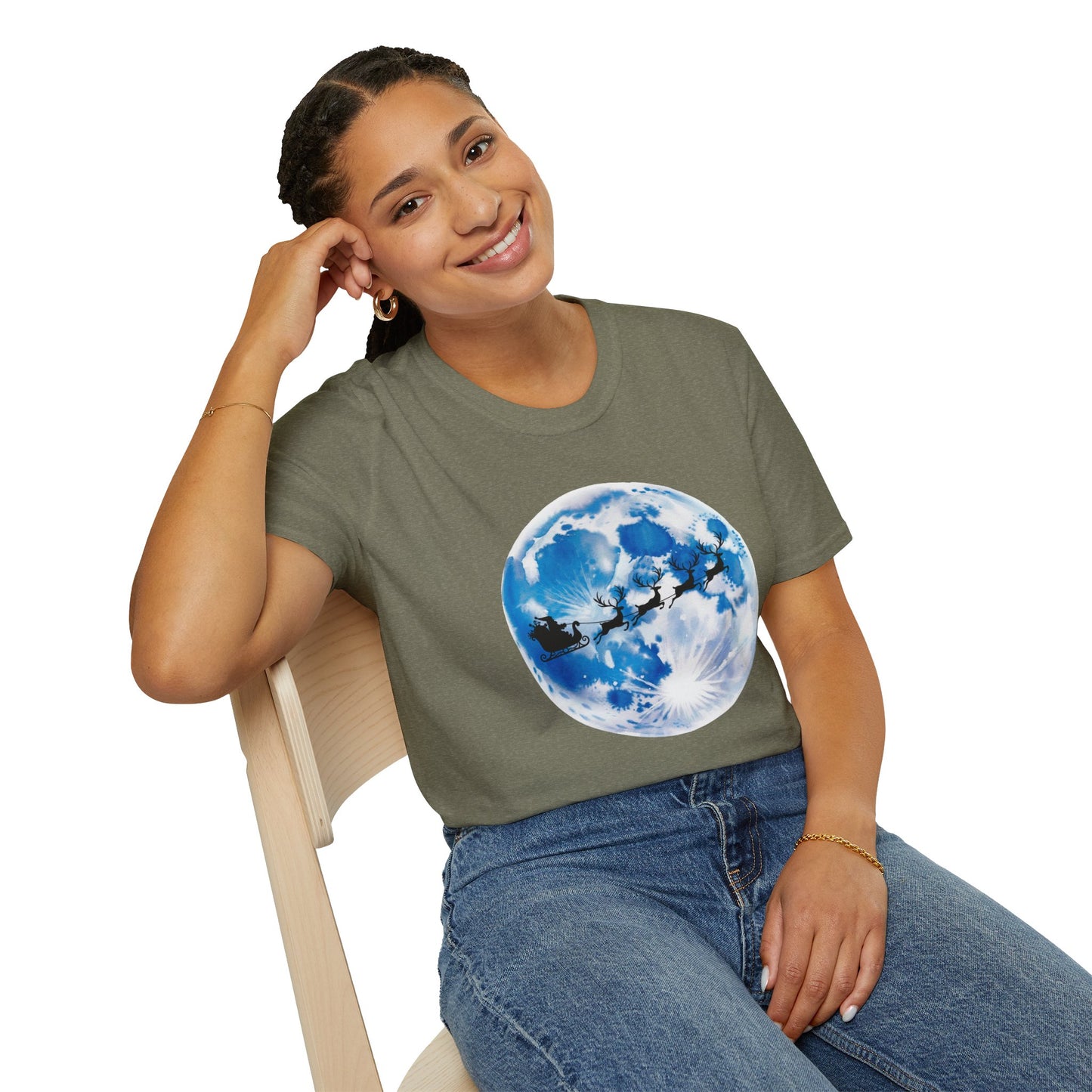 Santa Moon Christmas T-Shirt, Reindeer Sleigh Christmas Tee, Holiday Moonlight Xmas Shirt, Festive Christmas Graphic Tee, Winter Night Christmas Gift Tee