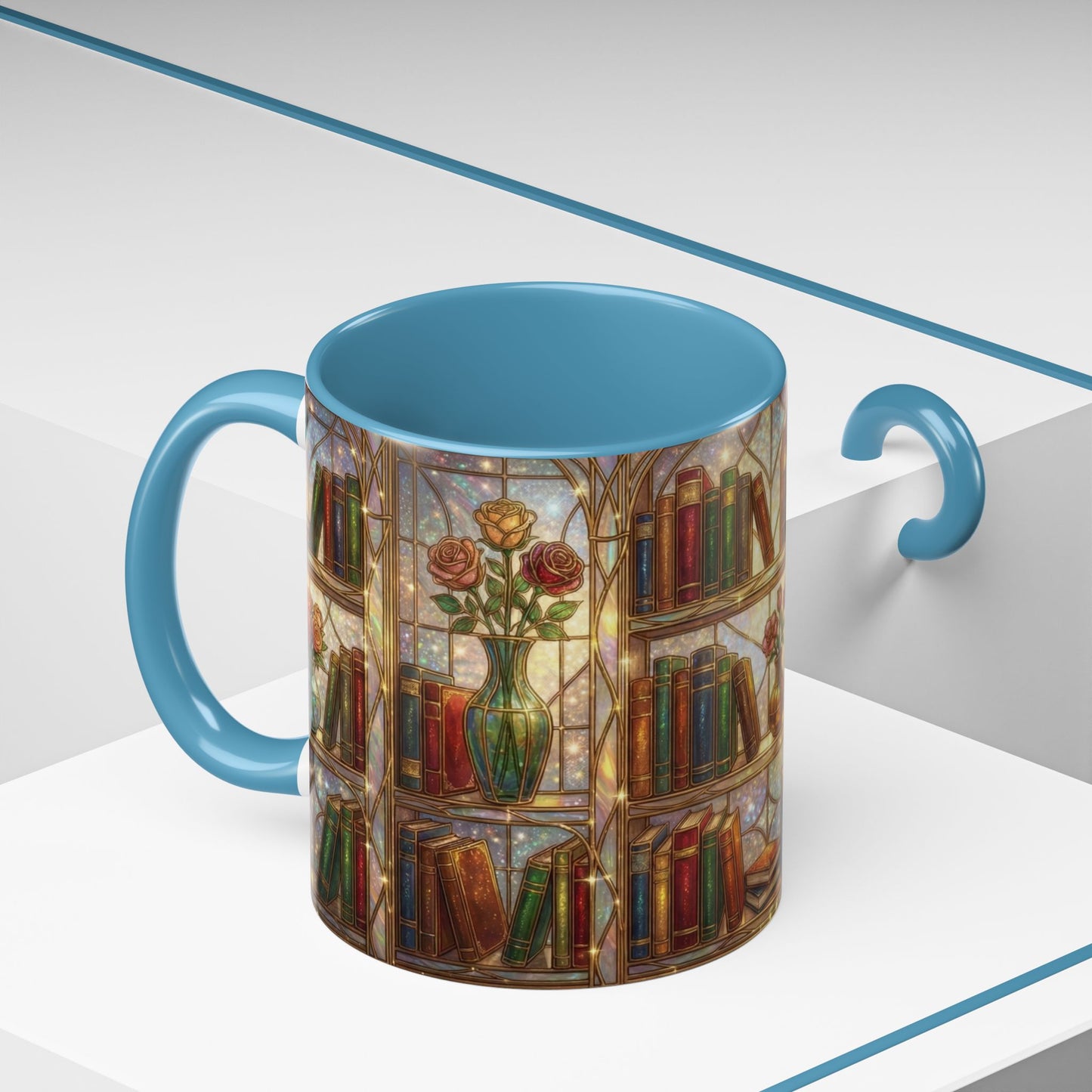 Stained Glass Books Mug, Book Lover Coffee Mug, Cozy Library Mug, Bookish Gift For Readers, Dark Academia Mug, Floral Bookshelf Cup