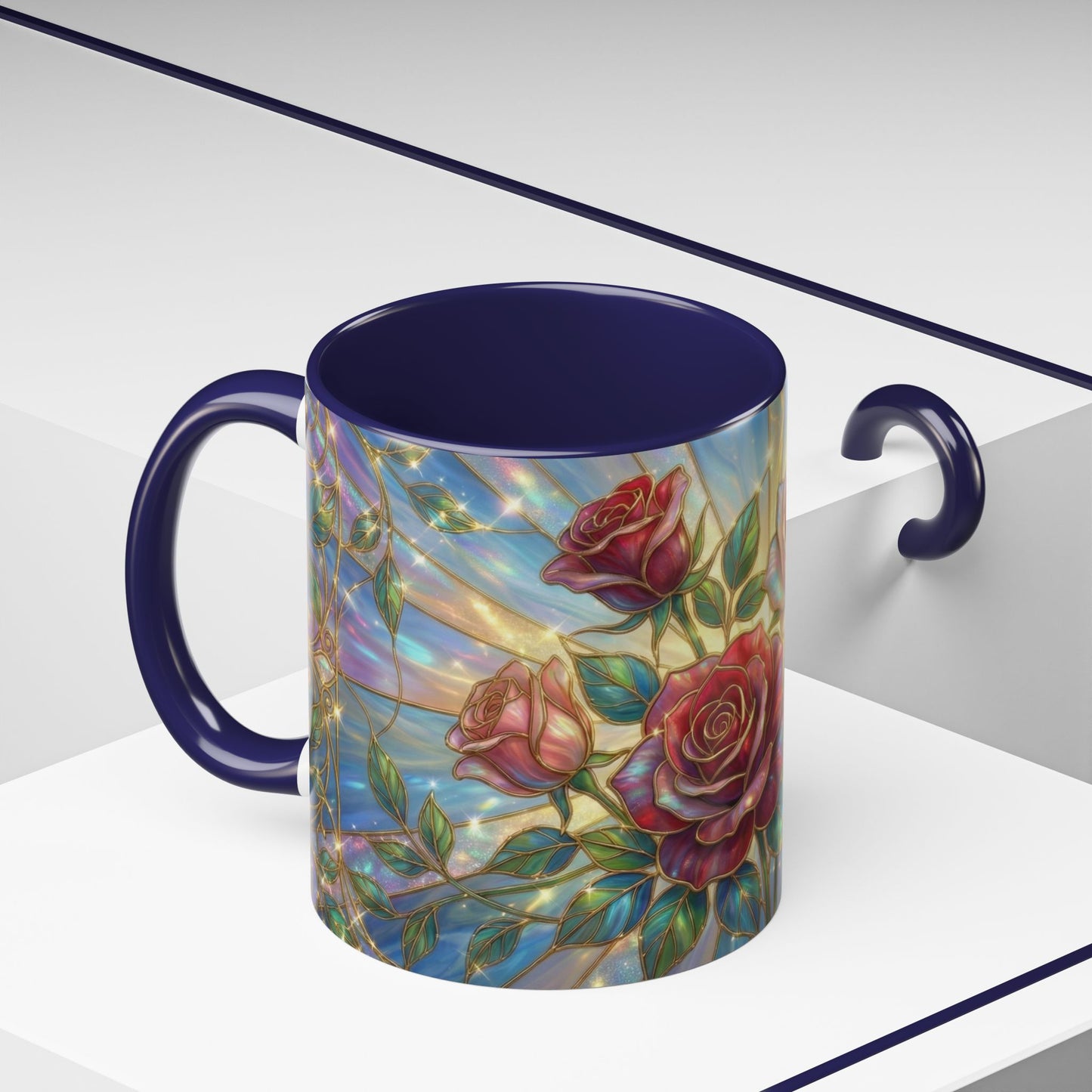 Stained Glass Rose Mug, Floral Art Coffee Cup, Elegant Rose Flower Mug, Blue Gold Glass Style Design, Romantic Gift For Her Decor