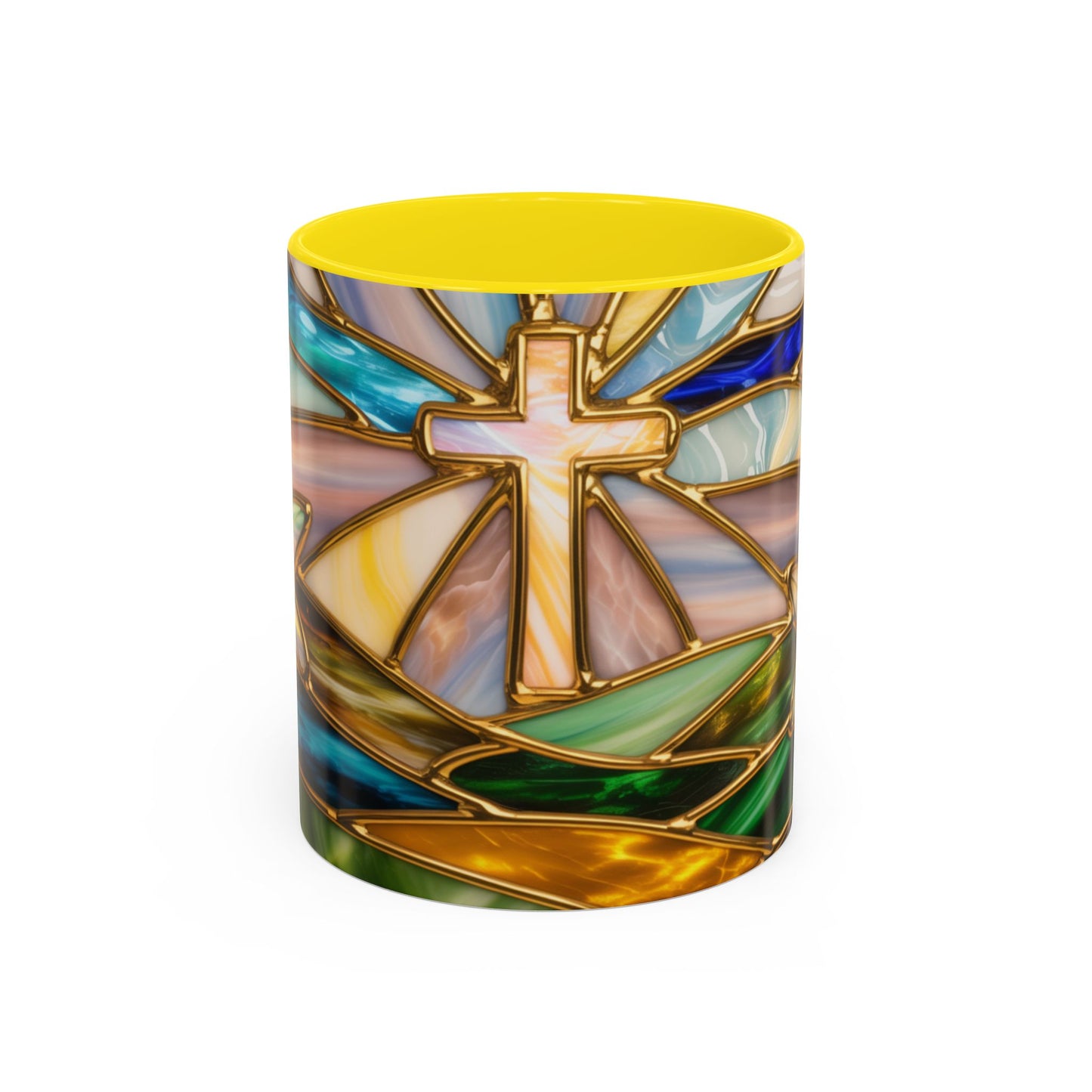 Stained Glass Cross Mug, Christian Sunrise Coffee Cup, Religious Floral Art Mug, Inspirational Faith Gift For Women, Colorful Stained Glass Design