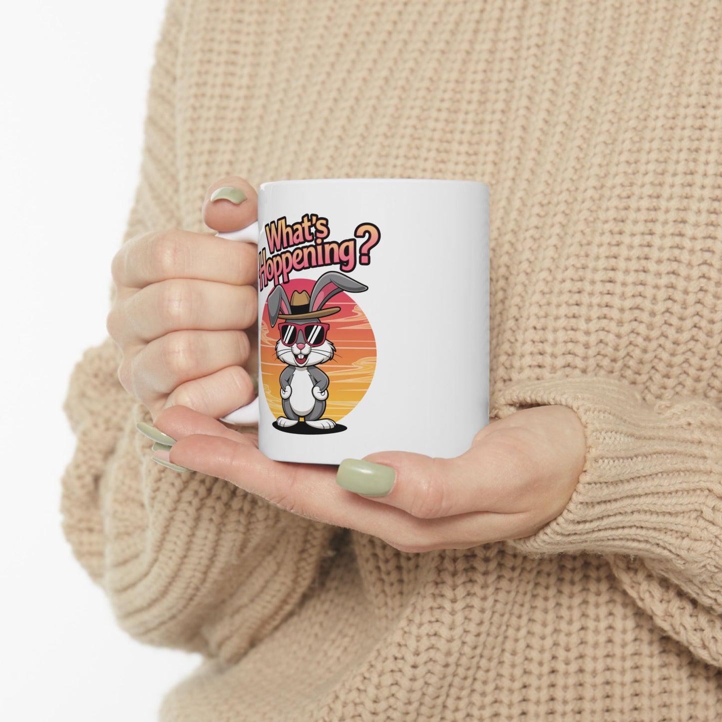 What’s Hoppening Funny Bunny Mug – Cute Rabbit Coffee Cup with Easter Pun, Dishwasher Safe Ceramic, Hilarious Gift for Animal Lovers & Friends