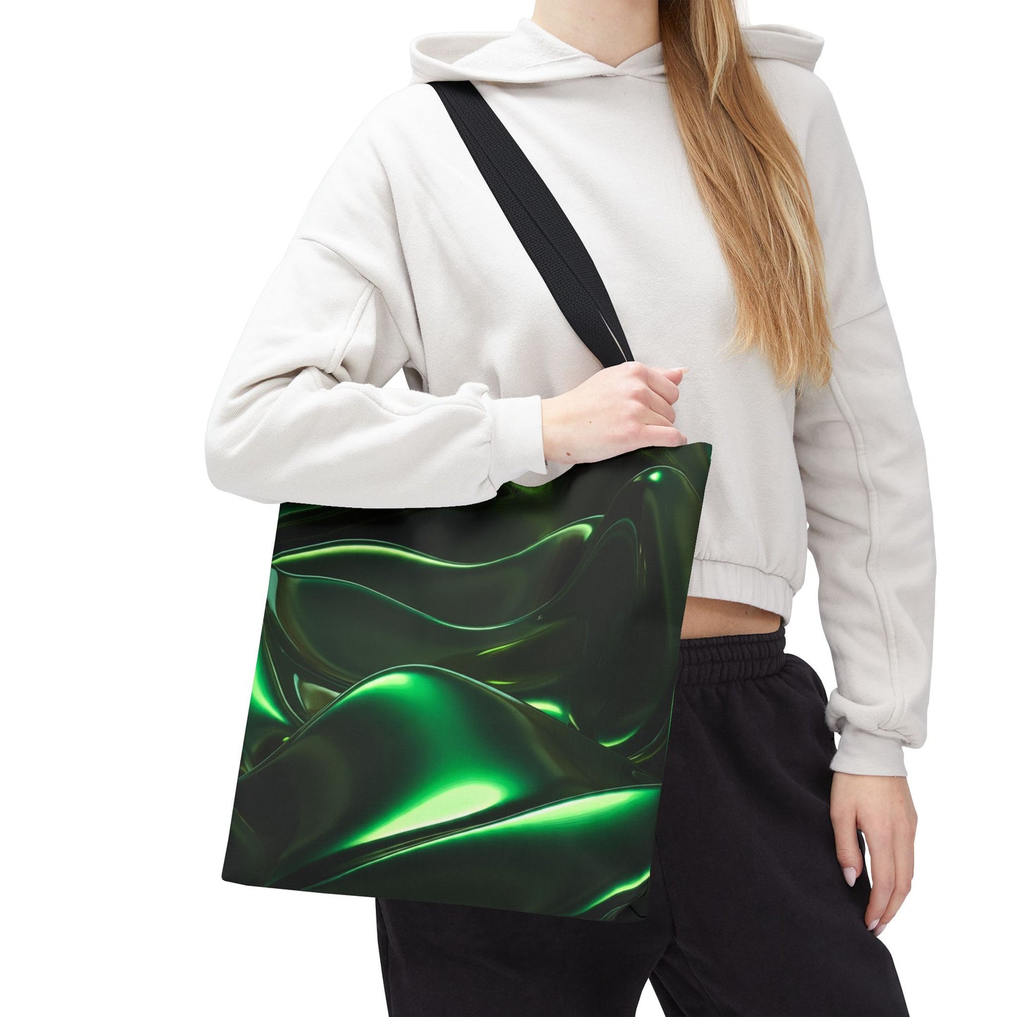 Futuristic Green Tote Bag - Abstract Metallic Wave Art Tote - Glossy Cyber Aesthetic Bag, Techwear Vibes, Edgy Gamer Gift, Trendy Street Style