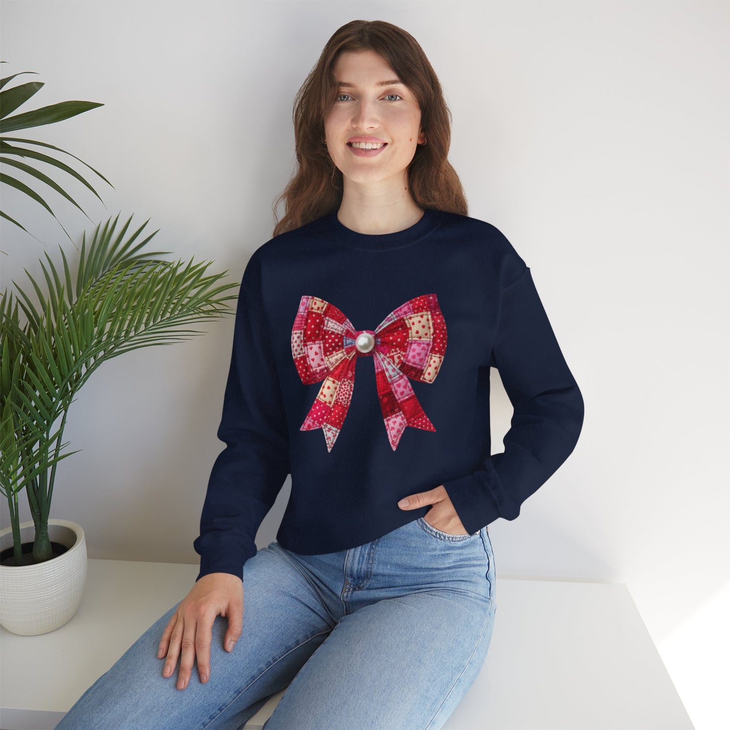 Faux Patchwork Bow Sweatshirt, Quilted Look Bow Crewneck, Pearl Bow Pullover, Cozy Coquette Sweatshirt, Girly Valentine Gift