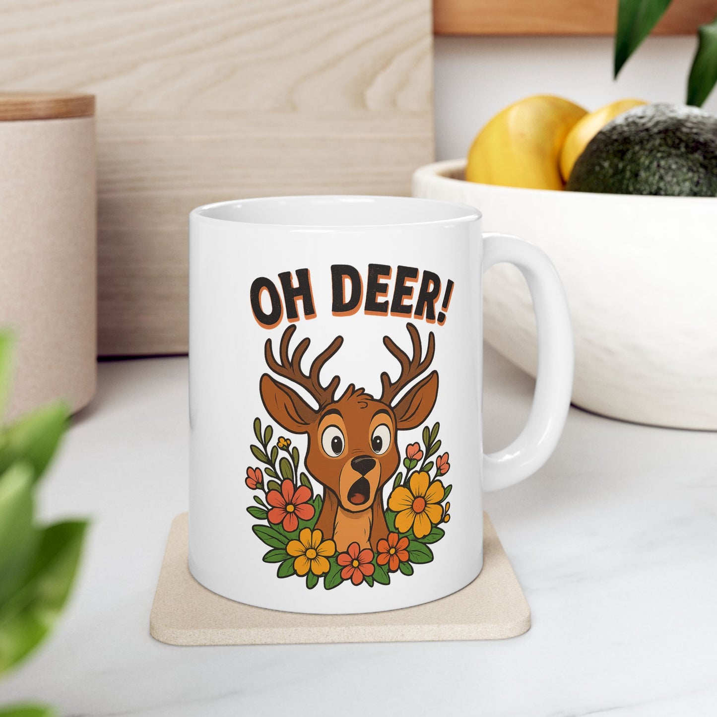 Funny Deer Coffee Mug | Oh Deer Cartoon Cup, Cute Animal Pun Gift, Nature Lover Tea Mug, Whimsical Flower Deer Cup for Wildlife Fans