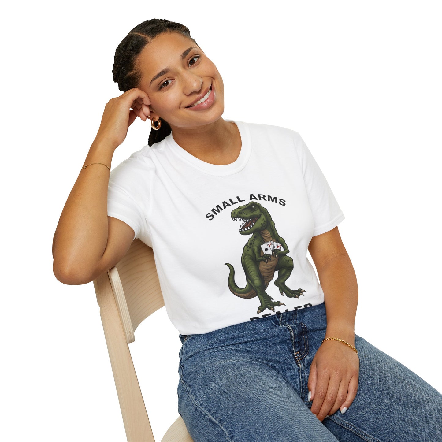 Funny Small Arms Dealer T-Rex Shirt, Dinosaur Pun Tee, Hilarious Graphic T-Shirt for Men & Women, Great Gift for Dad, Friend, or Coworker