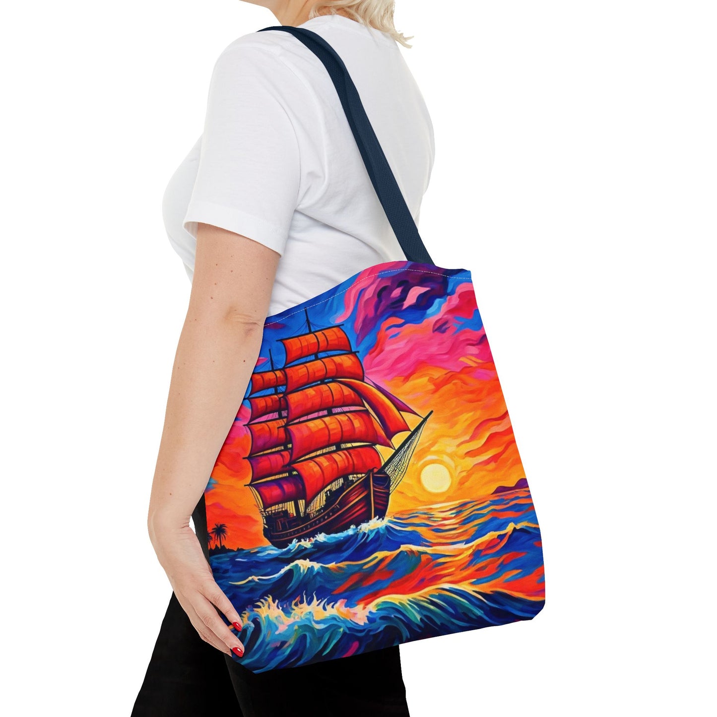 Crimson Voyage Tote Bag, Red Sailboat At Sunset Artistic Ocean Design, Nautical Reusable Tote For Beach, Travel, And Everyday Use