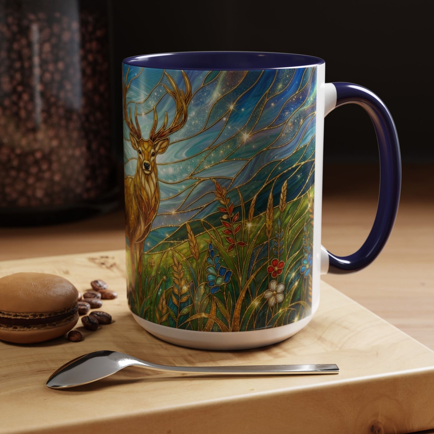 Stained Glass Deer Mug, Woodland Art Coffee Cup, Nature Forest Mug, Blue Green Gold Glass Style Mug, Gift For Nature Lovers Decor