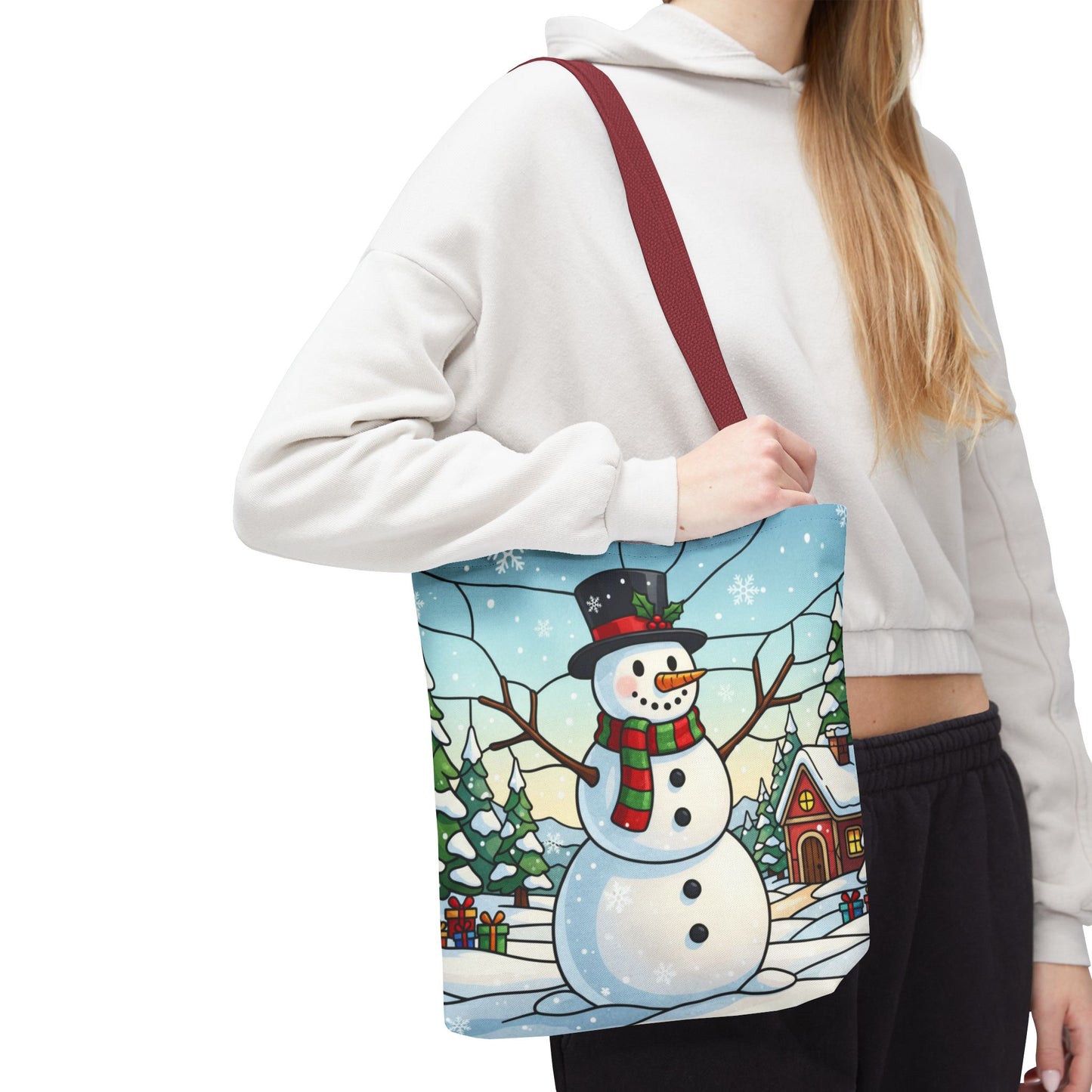 Stained Glass Snowman Christmas Tote Bag, Holiday Art Tote, Festive Winter Gift Bag, Colorful Christmas Scene Reusable Shopping Bag