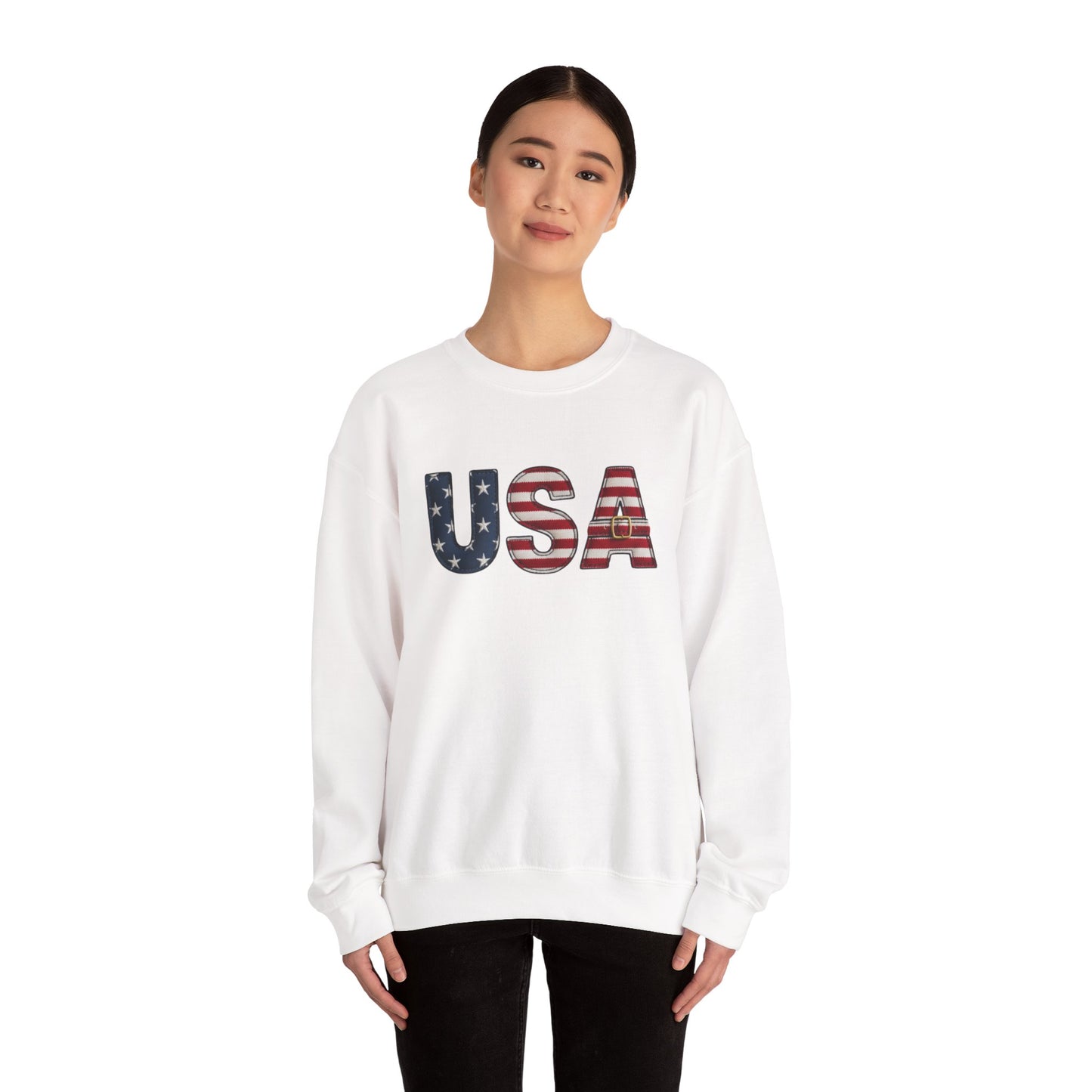 Faux Patchwork USA Sweatshirt, Patriotic Quilt Style Top, Rustic Americana Crewneck, 4th of July Shirt, Country USA Sweater, Vintage Flag Top