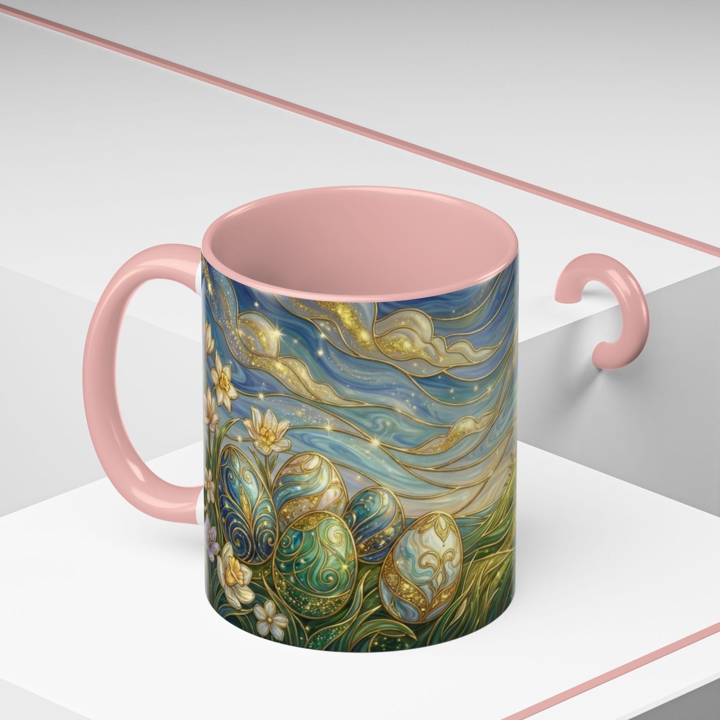 Stained Glass Easter Egg Mug, Magical Spring Floral Coffee Cup, Art Nouveau Fantasy Teacup, Elegant Celestial Starry Sky Mug Gift Idea