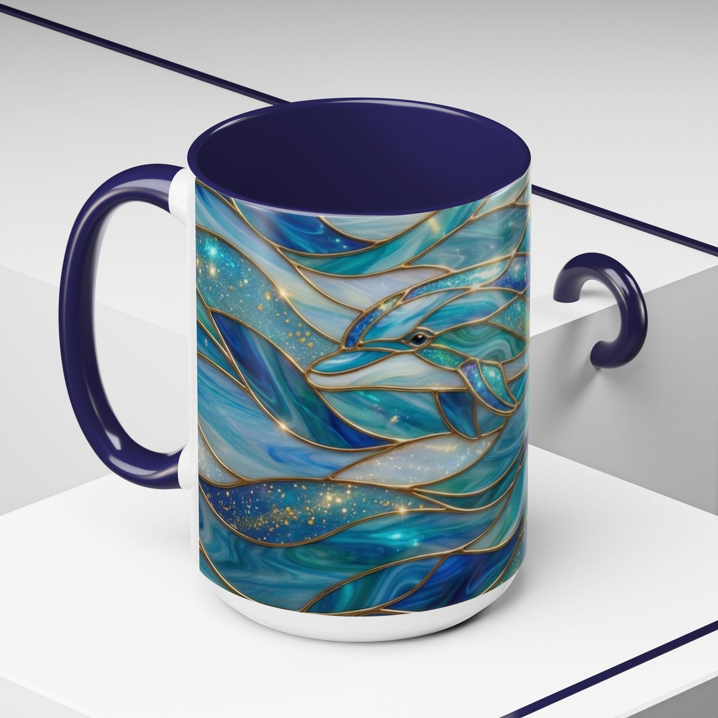Stained Glass Dolphin Mug, Dolphin Coffee Cup, Ocean Art Mug, Sea Life Gift, Nautical Decor Mug, Coastal Dolphin Lover Gift