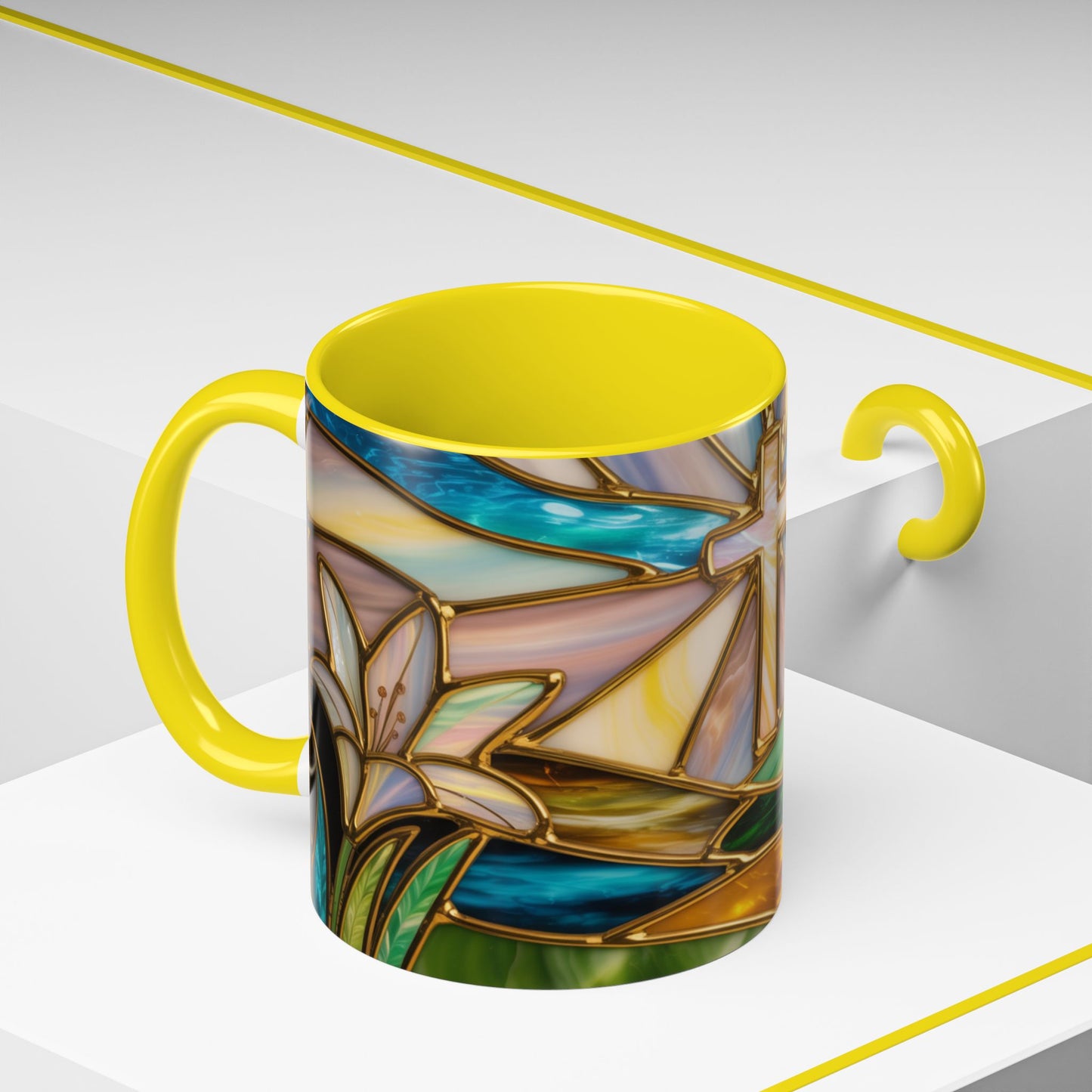 Stained Glass Cross Mug, Christian Sunrise Coffee Cup, Religious Floral Art Mug, Inspirational Faith Gift For Women, Colorful Stained Glass Design
