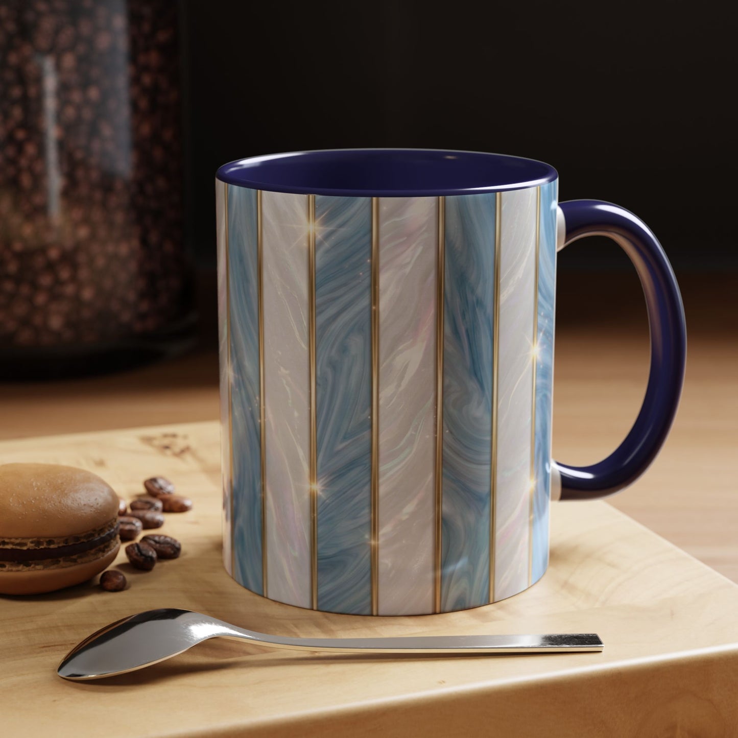 Faux Stained Glass Mug, Blue Pearlescent Coffee Cup, Art Deco Stained Glass Decor, Elegant Gold Stripe Teacup, Unique Art Gift For Her