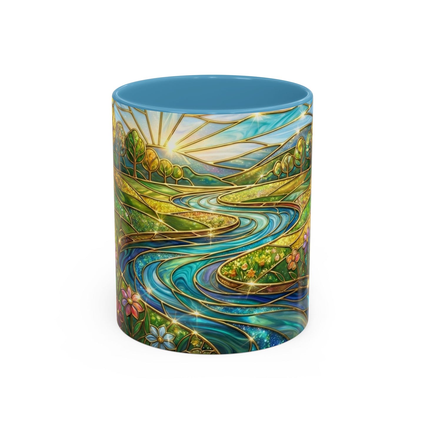 Stained Glass Mug, River Landscape Coffee Cup, Nature Lover Gift, Floral Tea Mug, Gardener Present, Art Teacher Gift, Colorful Scenery Cup