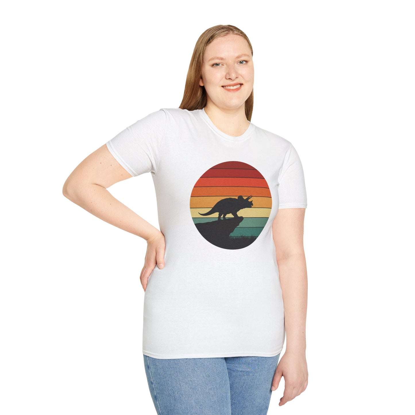 Retro Triceratops Sunset T-Shirt - Vintage Dino Graphic Tee - Unisex Softstyle Dinosaur Shirt - Nature and Prehistoric Lover Gift