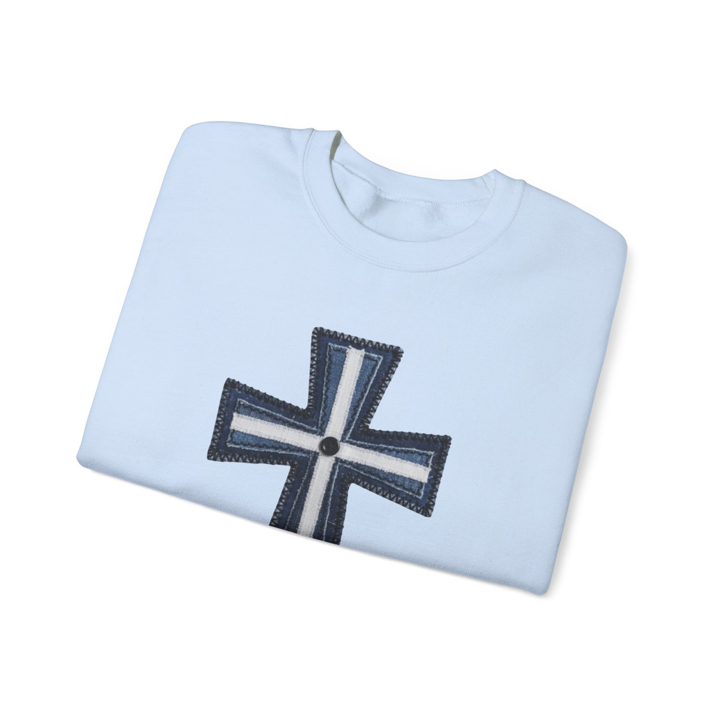 Faux Patchwork Cross Sweatshirt, Christian Patchwork Style Crewneck, Faith Gift for Women Men, Rustic Cross Sweatshirt, Religious Xmas Gift