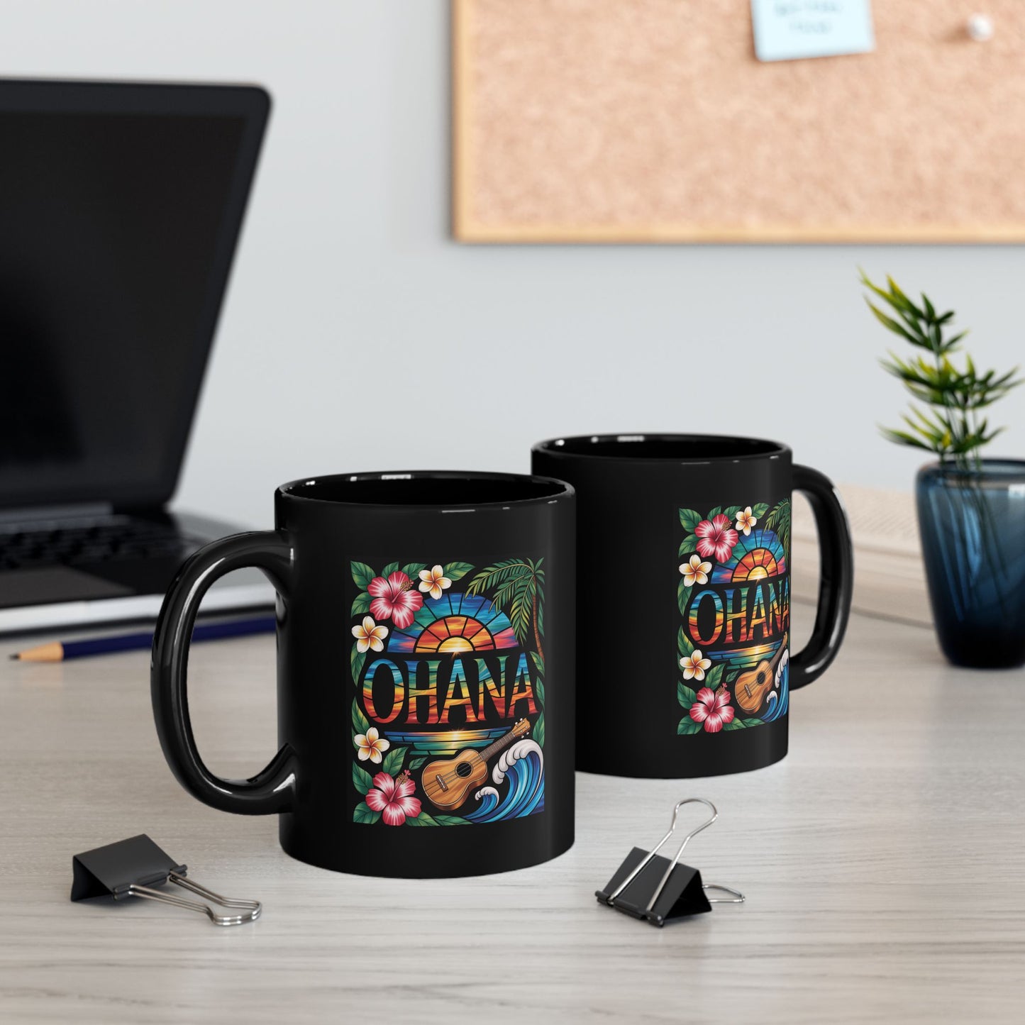 Ohana Mug Hawaiian Coffee Cup Tropical Sunset, Hibiscus Flowers, Ukulele, Aloha Gift