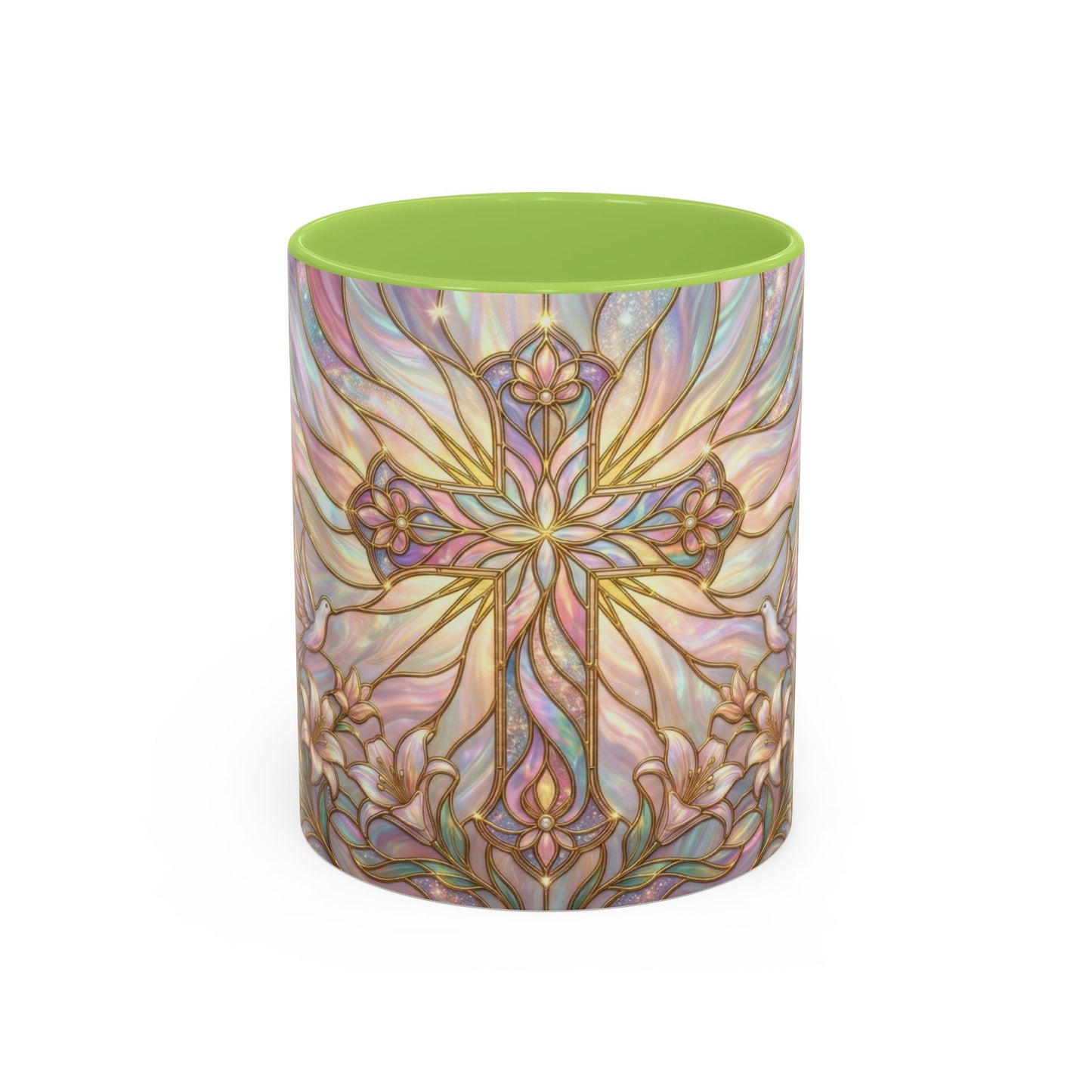 Stained Glass Cross Mug, Easter Lily Coffee Cup, Christian Gift for Women, Pastel Religious Drinkware, Dove and Faith Cup, Spiritual