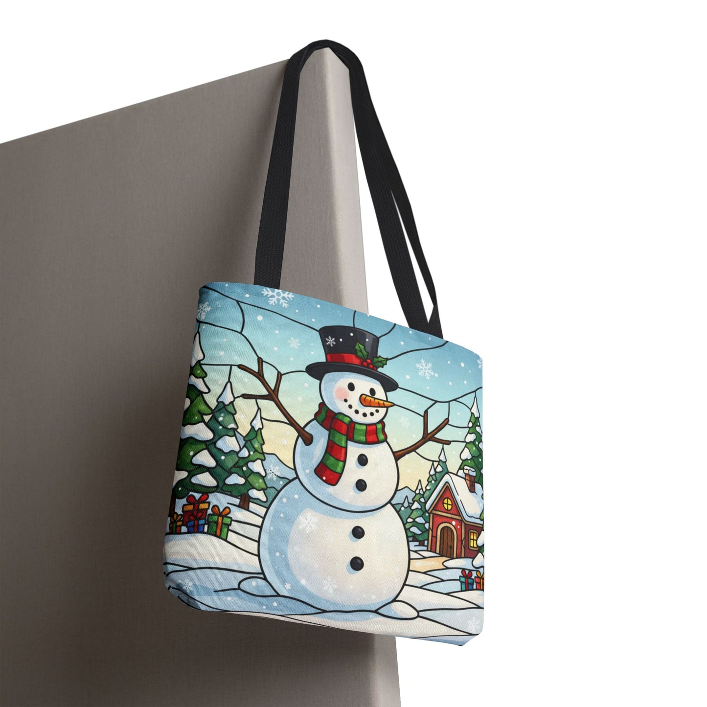 Stained Glass Snowman Christmas Tote Bag, Holiday Art Tote, Festive Winter Gift Bag, Colorful Christmas Scene Reusable Shopping Bag