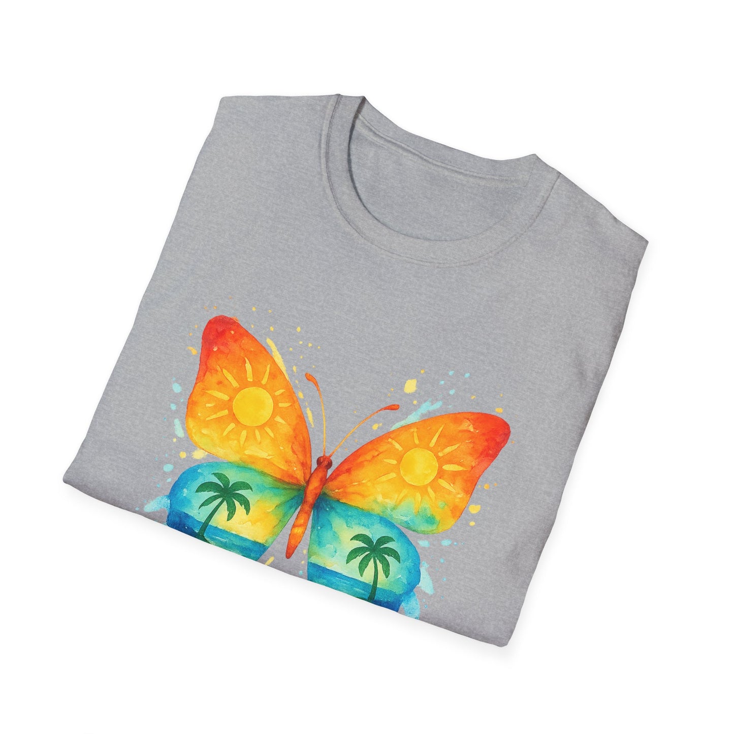 Butterfly Sunset Beach Tee - Ocean & Palm Watercolor Butterfly T-Shirt, Coastal Boho Graphic, Nature Lover Gift, Unisex Casual Tee