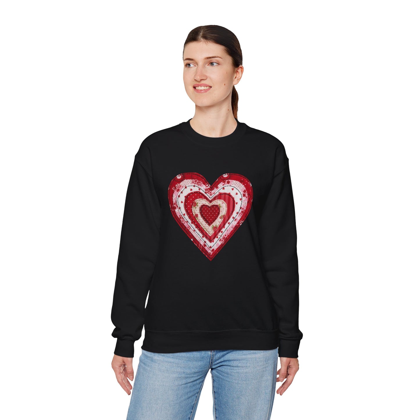 Faux Patchwork Heart Sweatshirt, Valentine Heart Shirt, Cute Valentine Gift, Retro Patchwork Crewneck, Cozy Love Sweater, Boho Heart Top