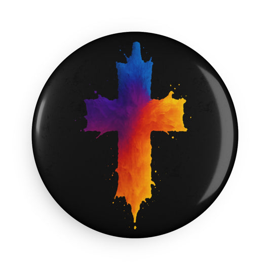 Button Magnet, Vibrant Paint Splattered Cross Design, Christian Decor, Spiritual Magnet, Inspirational Religious Design