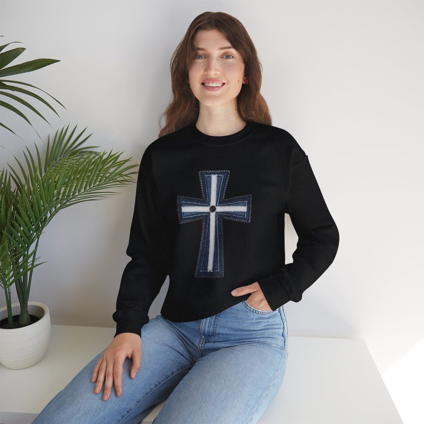 Faux Patchwork Cross Sweatshirt, Christian Patchwork Style Crewneck, Faith Gift for Women Men, Rustic Cross Sweatshirt, Religious Xmas Gift