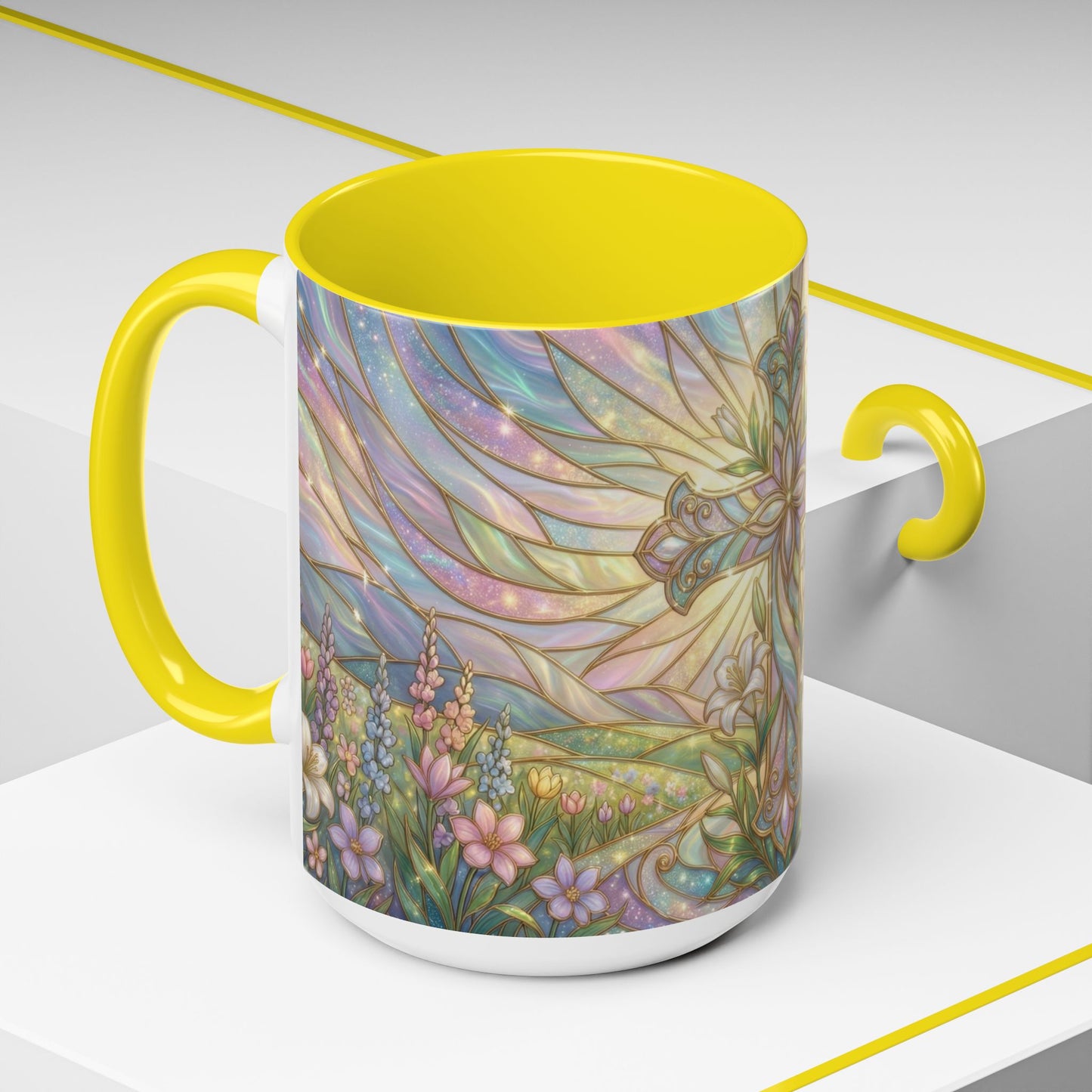 Stained Glass Cross Mug, Easter Lily Coffee Cup, Christian Religious Gift, Pastel Floral Faith Mug, Spring Believer Cup, Baptism Present