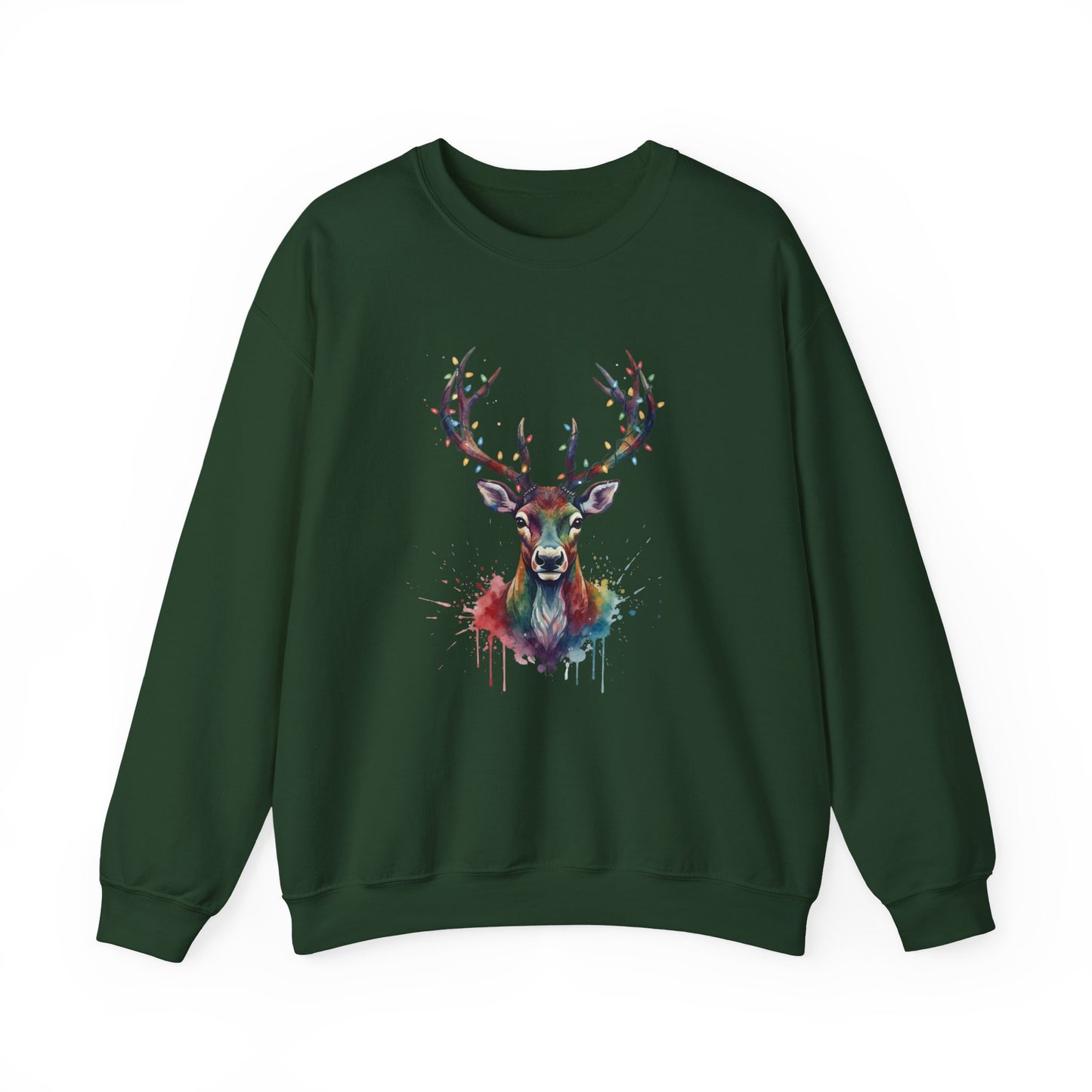 Colorful Reindeer Christmas Sweatshirt, Holiday Deer Lights Sweater, Watercolor Winter Crewneck, Festive Cozy Gift For Him Or Her