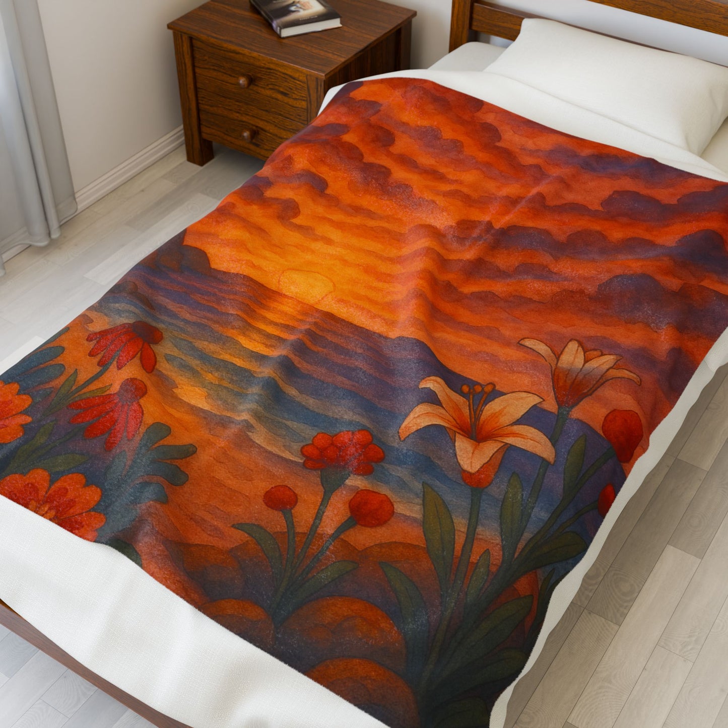 Sunset Floral Blanket – Cozy Beach Sunset Throw with Flowers | Colorful Velveteen Plush Blanket for Couch, Bed, or Gift