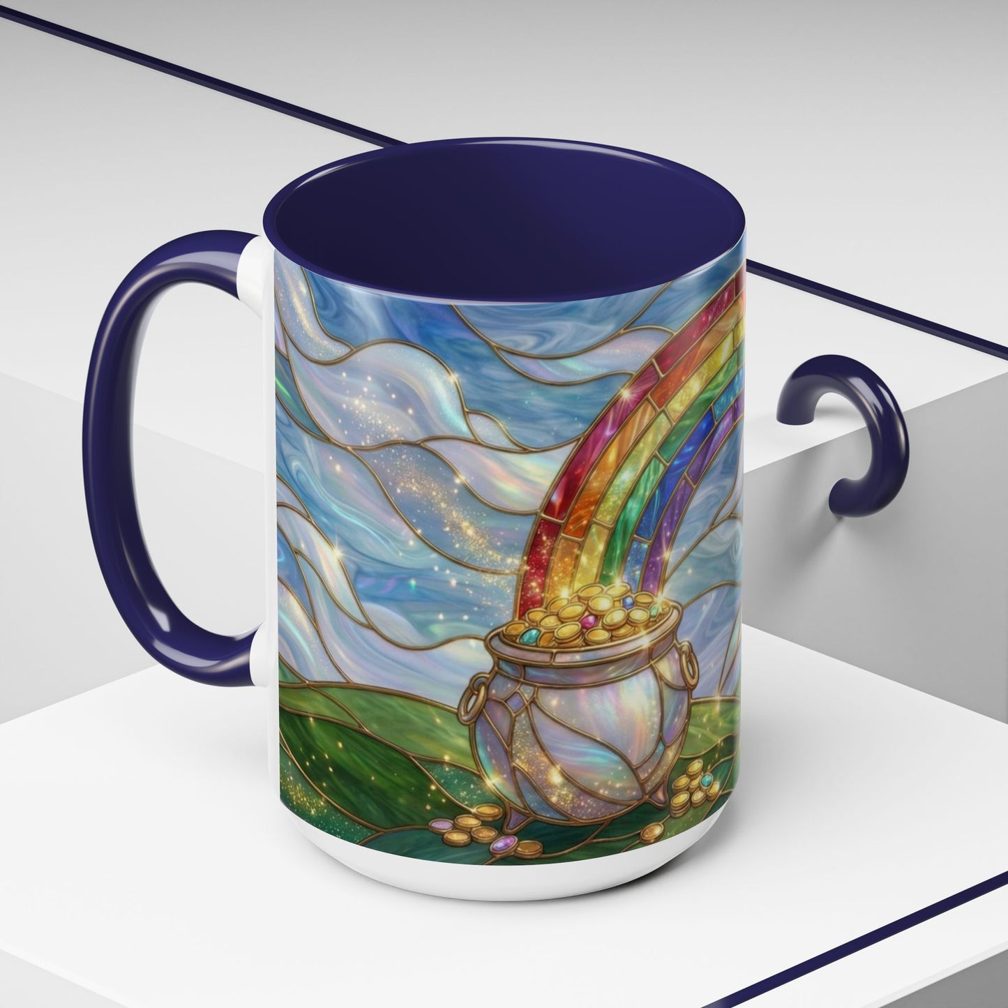 Stained Glass Rainbow Mug, Pot Of Gold Coffee Cup, St Patricks Day Gift, Whimsical Magical Art Mug, Lucky Irish Leprechaun Treasure
