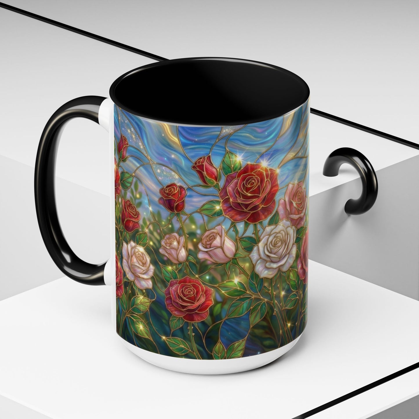Stained Glass Rose Garden Mug, Floral Rose Coffee Cup, Elegant Flower Mug, Blue Green Gold Glass Style Design, Romantic Gift For Her
